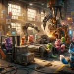 Várias criaturas coloridas e fofas operando máquinas pesadas em uma fábrica de alta tecnologia. O sol entra pelas janelas industriais, iluminando a poeira e o esforço dos bichinhos. A imagem transmite a mistura única de fofura e sobrevivência brutal do jogo.