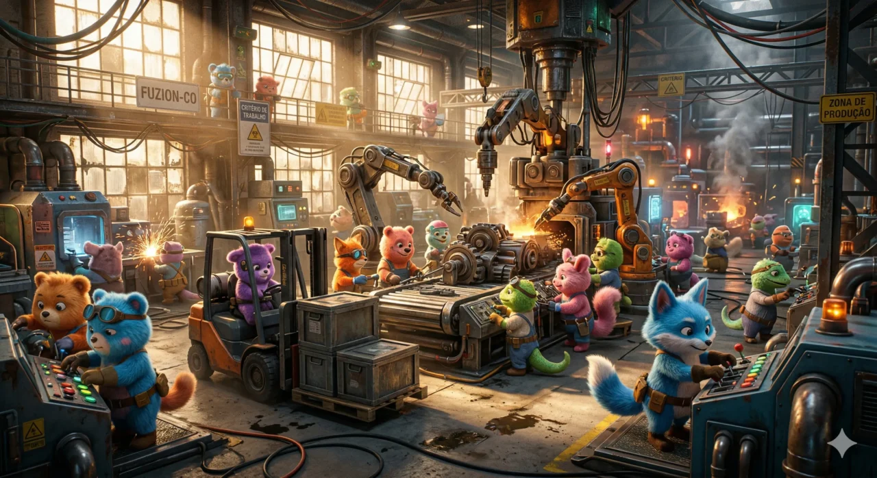 Várias criaturas coloridas e fofas operando máquinas pesadas em uma fábrica de alta tecnologia. O sol entra pelas janelas industriais, iluminando a poeira e o esforço dos bichinhos. A imagem transmite a mistura única de fofura e sobrevivência brutal do jogo.