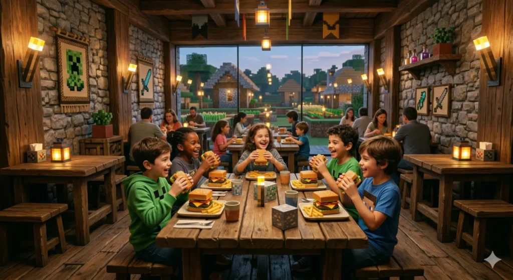 O interior de um restaurante aconchegante iluminado por tochas quadradas nas paredes de pedra. Crianças felizes comem hambúrgueres em formato de blocos sentadas em mesas de madeira rústica. O cenário imita perfeitamente uma vila pacífica do jogo original.