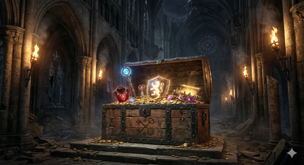 Um enorme baú de tesouro rústico transbordando moedas de ouro e artefatos mágicos brilhantes. O cenário é uma catedral gótica em ruínas iluminada por tochas. A cena ilustra o lucro merecido e a sobrevivência do estúdio. Estilo de imagem deve seguir o estilo visual do jogo Lords of the Fallen.