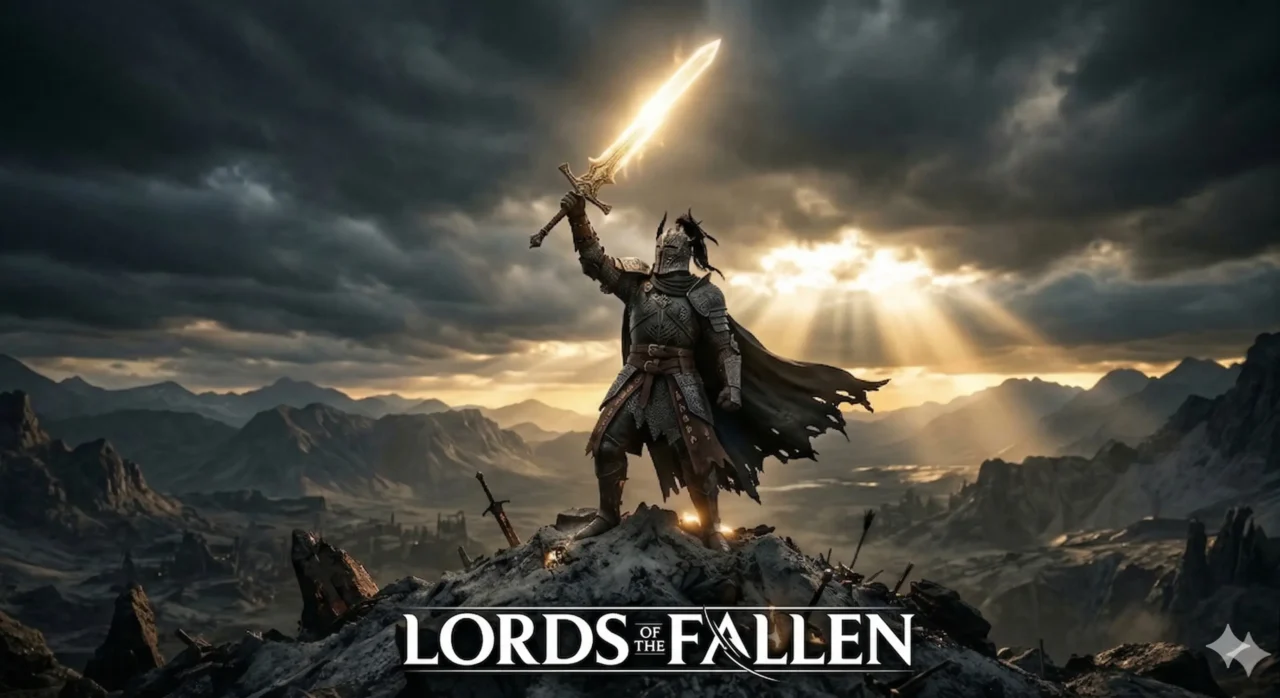 Um Cavaleiro das Trevas imponente do jogo Lords of the Fallenl erguendo uma lâmina brilhante no topo de uma montanha de cinzas. A luz do sol corta as nuvens escuras ao fundo, simbolizando a vitória suada e a redenção após batalhas difíceis.