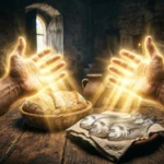 I-Am-Jesus-Christ-maos-brilhantes-luz-dourada-pao-peixe-mesa-misterio