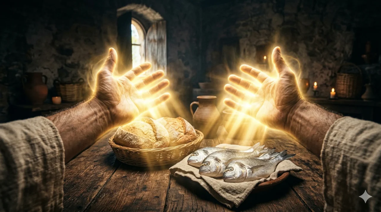 I-Am-Jesus-Christ-maos-brilhantes-luz-dourada-pao-peixe-mesa-misterio