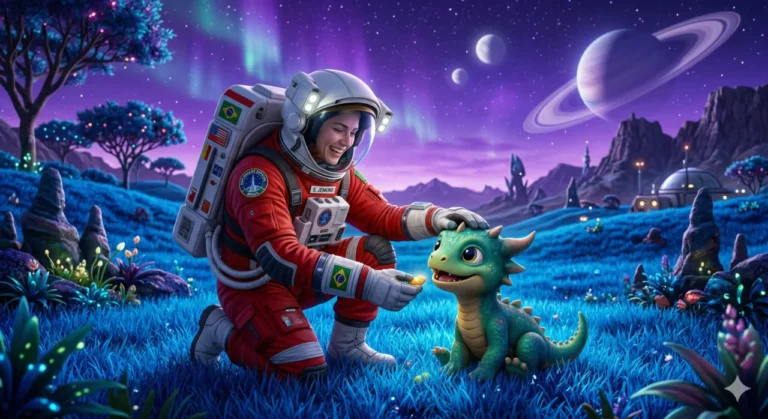 astronauta-alimentando-monstro-alienigena-planeta-colorido-misterio