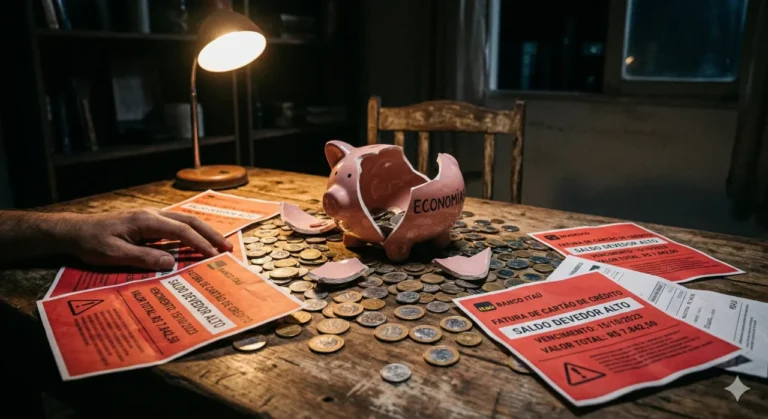 (Gerar no formato 16:9 - Widescreen) Uma mesa de madeira rústica com um cofre de porquinho rosa quebrado ao meio. Várias faturas vermelhas de cartão de crédito e moedas espalhadas cercam os cacos de cerâmica. A iluminação dramática transmite o sentimento de falência, esgotamento financeiro e arrependimento após compras impulsivas.