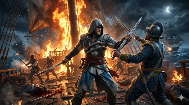 edward-kenway-batalha-espadas-navio-fogo-graficos-realistas