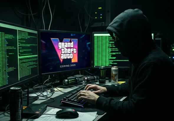 A silhueta de um hacker vestindo um moletom escuro com capuz. Ele digita rapidamente em um teclado iluminado em um quarto completamente escuro. Várias telas de computador exibem linhas de código verde brilhante refletindo no rosto dele e uma tela no centro com o logo do GTA 6. A imagem transmite tensão cibernética e perigo digital.