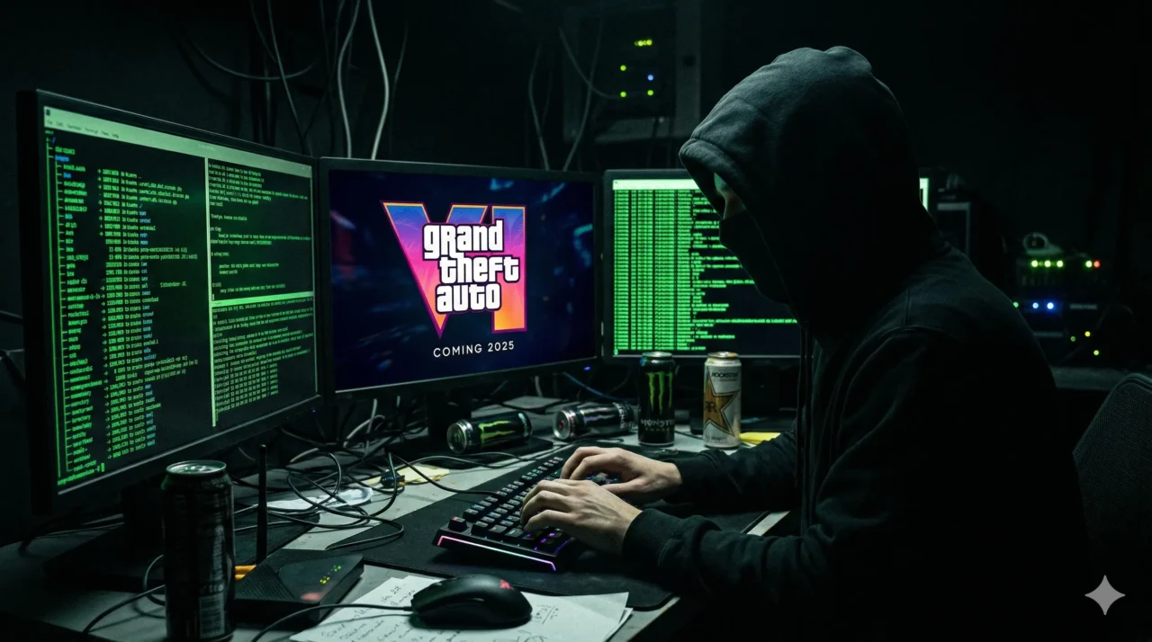 A silhueta de um hacker vestindo um moletom escuro com capuz. Ele digita rapidamente em um teclado iluminado em um quarto completamente escuro. Várias telas de computador exibem linhas de código verde brilhante refletindo no rosto dele e uma tela no centro com o logo do GTA 6. A imagem transmite tensão cibernética e perigo digital.