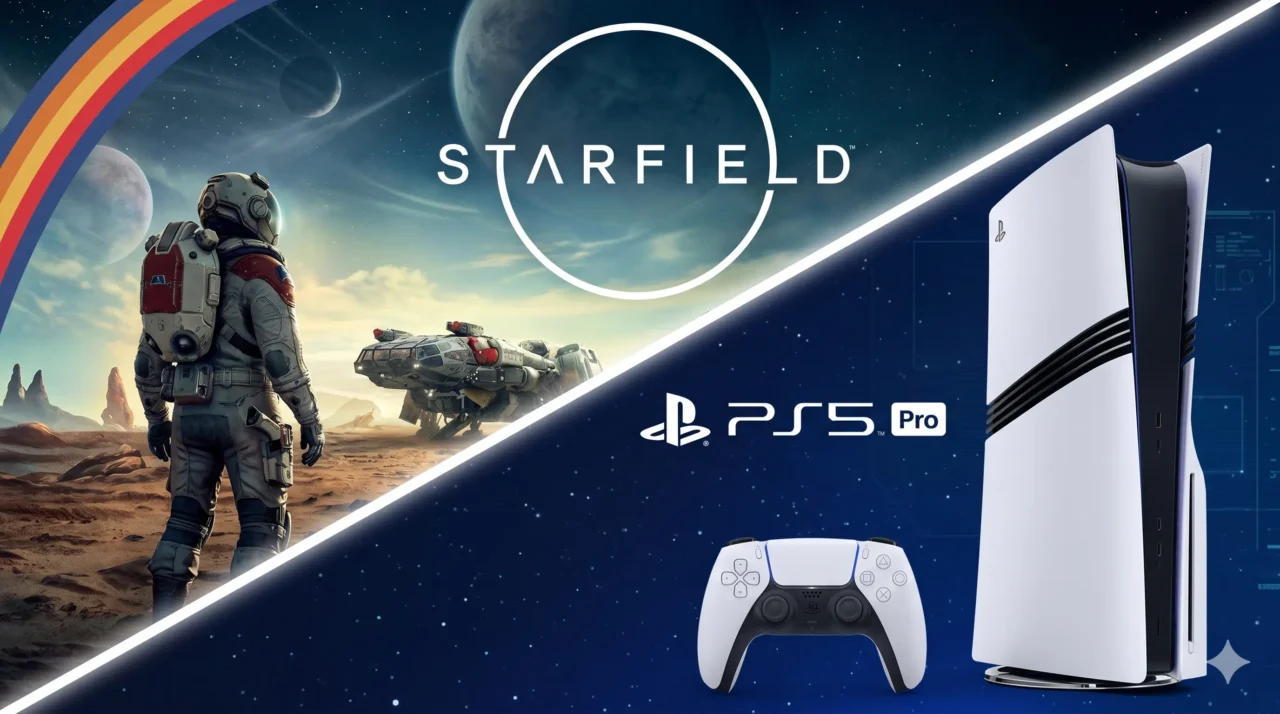 imagem-dividida-em-diagonal-no-lado-esquerdo-uma-imagem-famosa-do-jogo-de-starfield-e-no-lado-direito-uma-imagem-de-um-PS5-pró