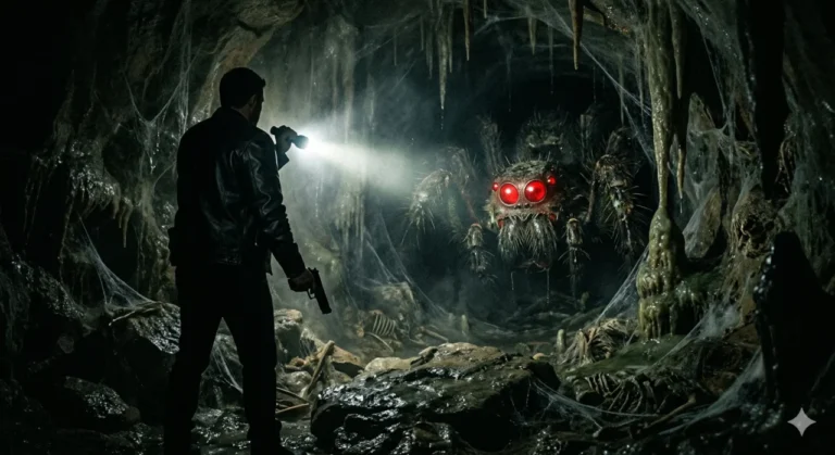 leon-contra-aranha-armado-lanterna-caverna-escura-aranha-gigante-misterio