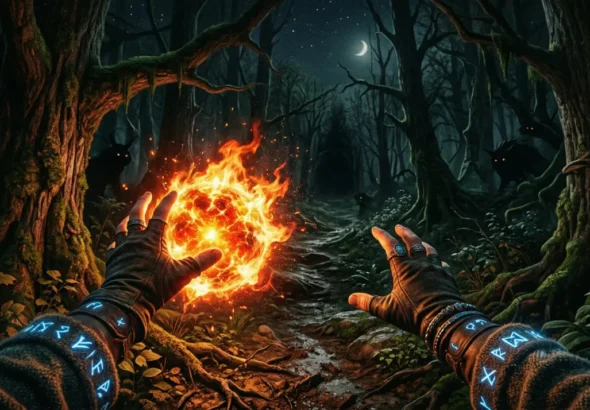 mago-conjurando-fogo-floresta-escura-retro-aventura