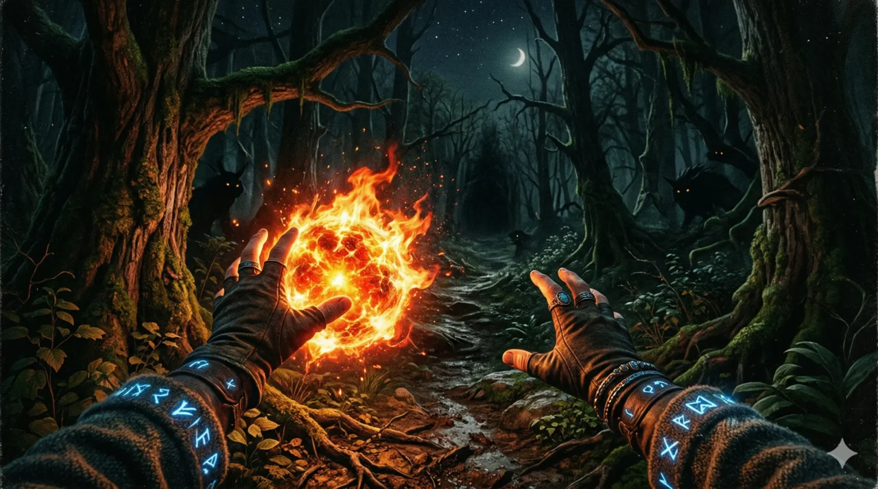 mago-conjurando-fogo-floresta-escura-retro-aventura