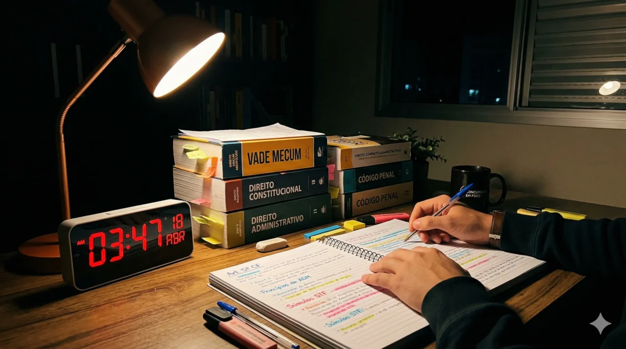 A visão aproximada de uma mesa de estudos iluminada apenas por uma luminária amarela durante a madrugada. Um relógio digital marca um horário avançado ao lado de uma pilha de livros grossos de direito e cadernos com anotações coloridas. A atmosfera evoca foco, sacrifício e o relógio correndo contra o candidato.