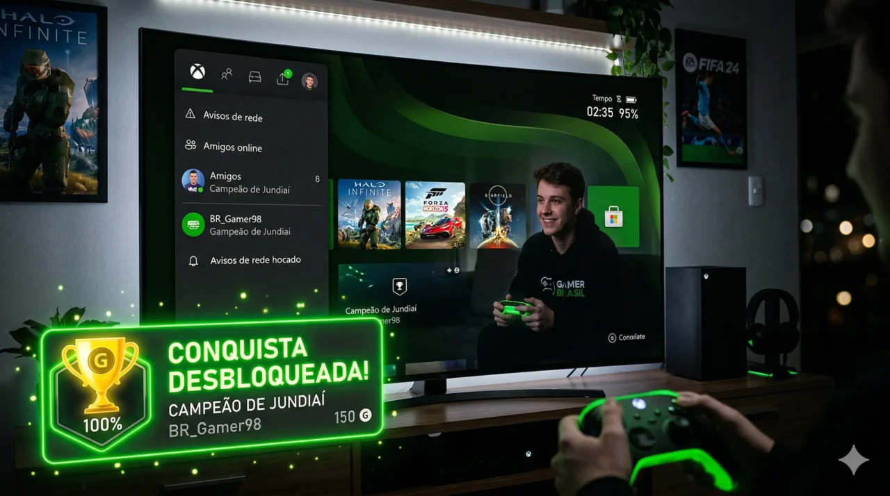 tela-televisao-interface-xbox-conquista-desbloqueada-luz-verde-gamer